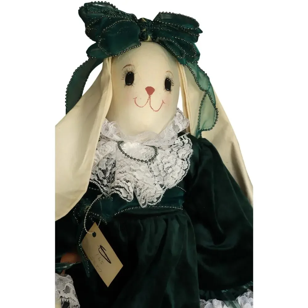 Vintage 80s 90 Handmade Bunny Rabbit Doll Green Velvet Dress Lace Cottagecore